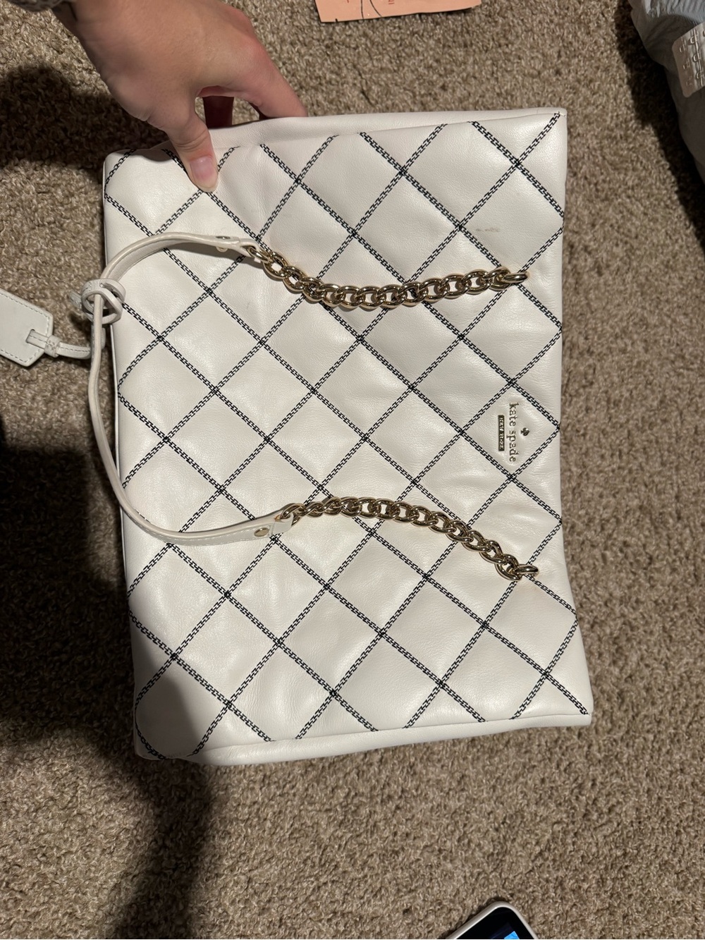 kate spade White Quilted Diamond-Pattern Shoulder Bag with Gold Chain